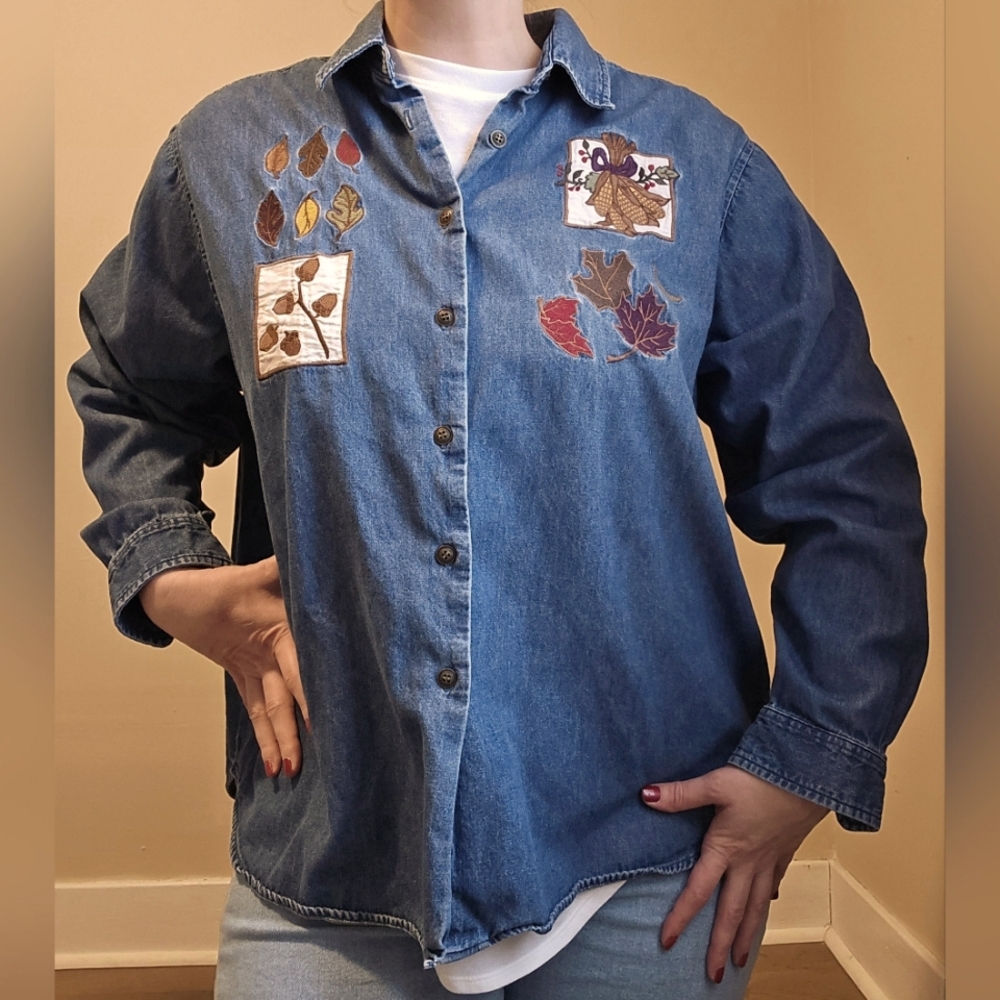 Karen Scott. Holiday, Vintage Embroidered denim button up top. Size 2xl.